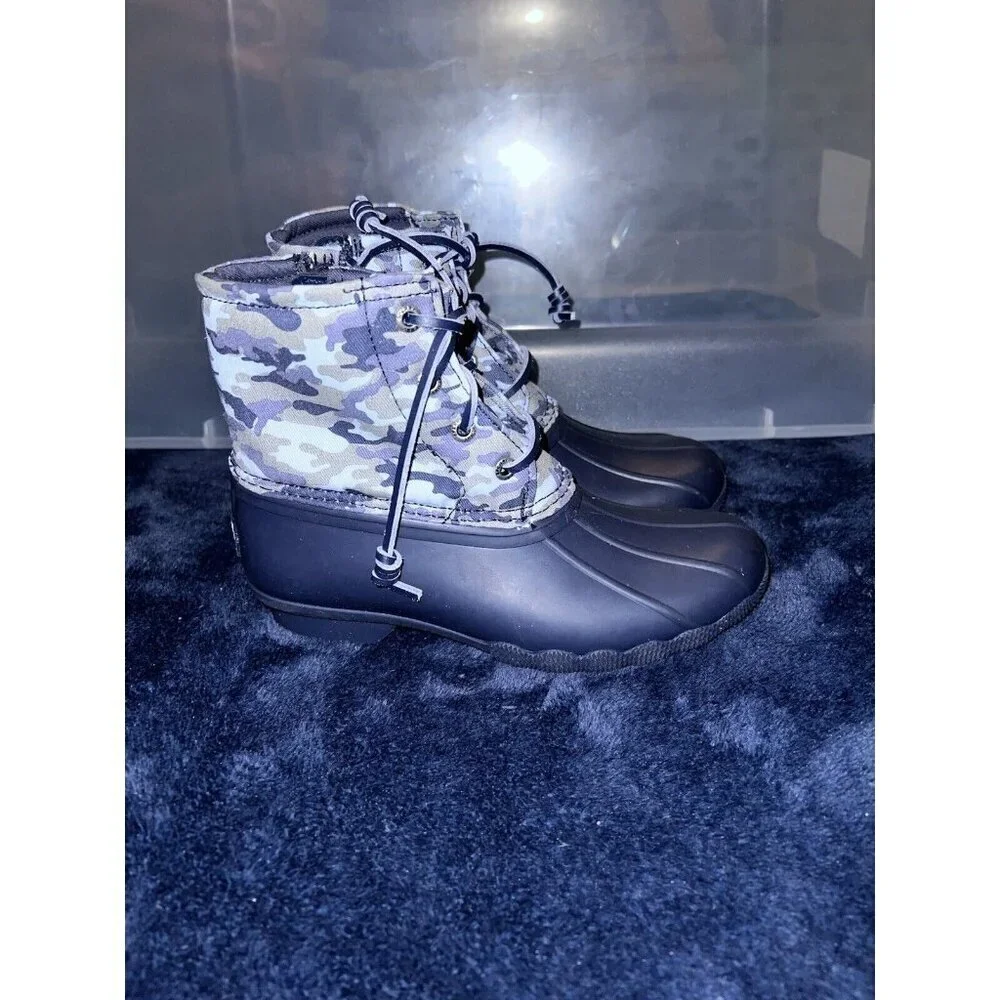 SPERRY Saltwater Camo Navy Blue Water Resistant Boots Youth Sz 1